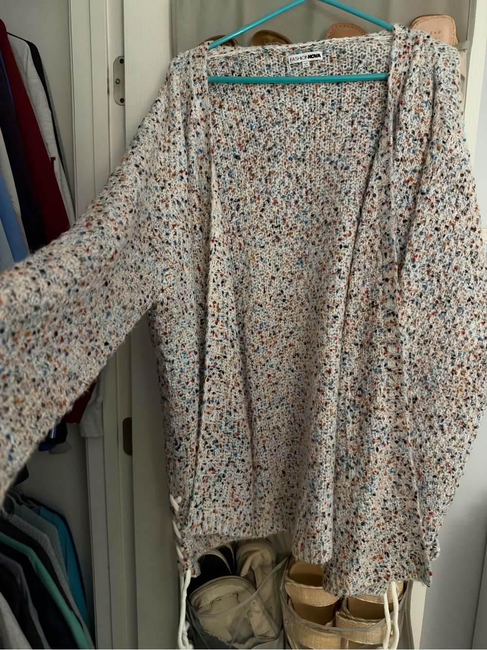 Fashion Nova Cream Speckled Open-Front Cardigan with Multicolor Flecks